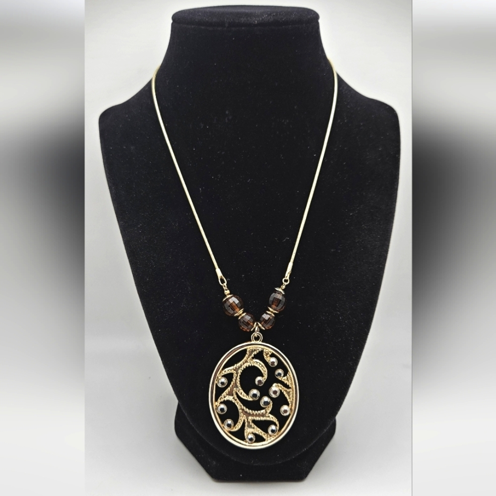 🟢3/$19🟢 Cognac Bead Black Diamond Rhinestone Gold Pendant Necklace